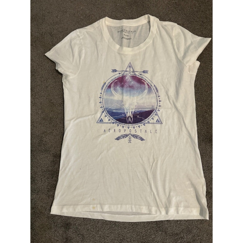 Aeropostale Womens XL White Graphic Tee Bull Skull Celestial Boho Short Sleeve